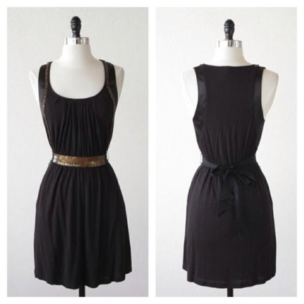 Anthropologie One September Black Beaded Trim Fit & Flare Knit Mini Dress S